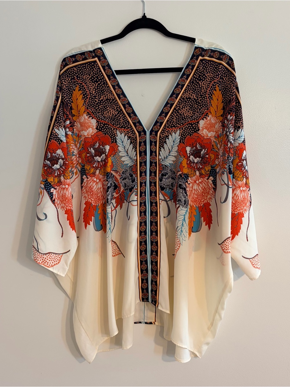 Rose & Olive Cream Boho Tunic with Orange, Blue & Black Floral Print - Picture 2 of 6